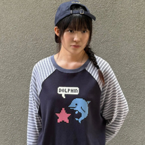 PIXEL STAR DOLPHIN LONG SLEEVE T-SHIRT NAVY