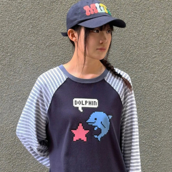 PIXEL STAR DOLPHIN LONG SLEEVE T-SHIRT NAVY