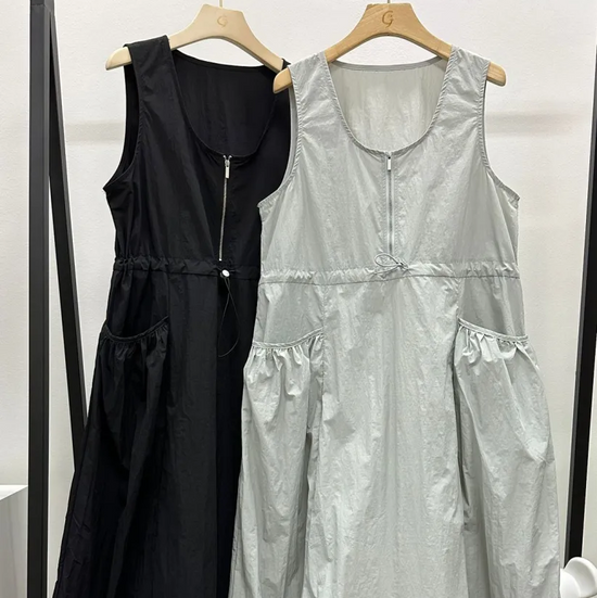 FRONT ZIPPER STRING DRESS LIGHT GREY
