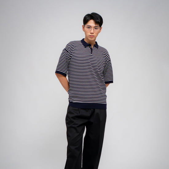 MEN'S WASHABLE STRIPE POLO KNIT NAVY