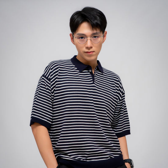 MEN'S WASHABLE STRIPE POLO KNIT NAVY