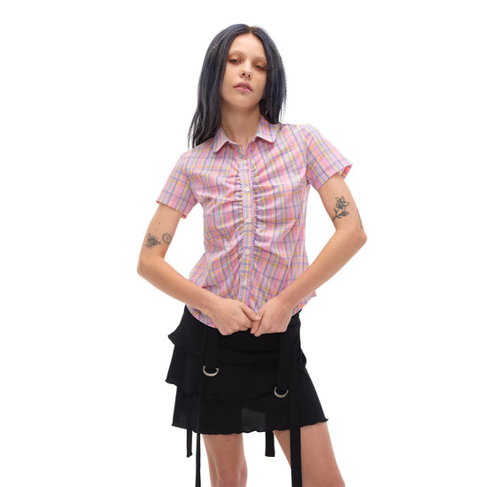 CHECK SHIRRING SHIRT PINK