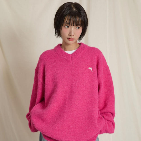 DOLPHIN HAIRY V NECK KNIT PINK