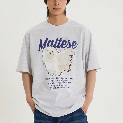 MALTESE ILLUSTRATION HALF SLEEVE T-SHIRT LIGHT GREY