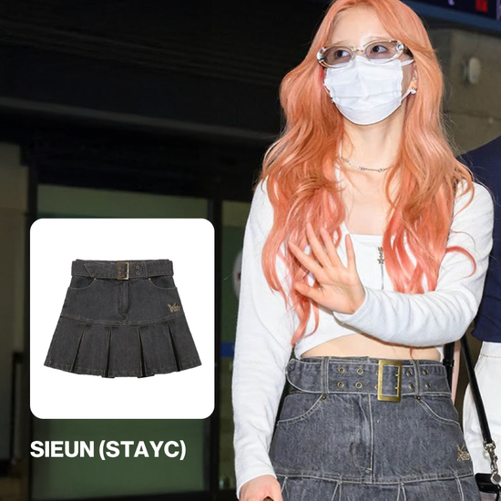 DENIM PLEATS BELT SKIRT BLACK