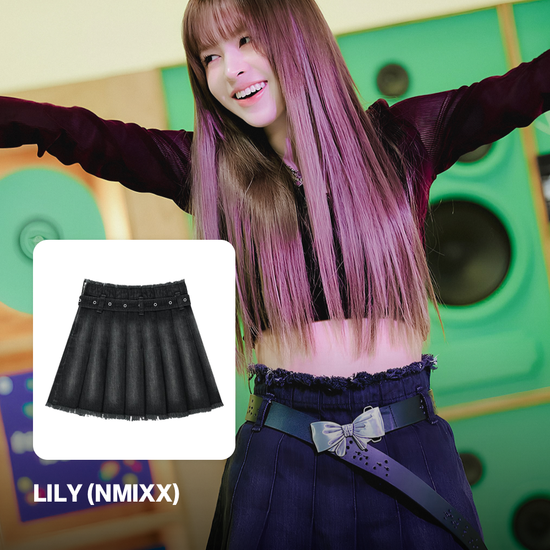 BUCKLE DENIM PLEATS SKIRT BLACK