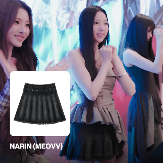 BUCKLE DENIM PLEATS SKIRT BLACK