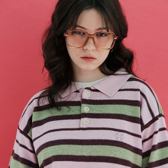 STRIPE KNIT POLO SHIRT PINK