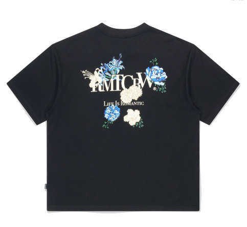 BACK POINT BLUE FLOWER TEE SHIRT BLACK