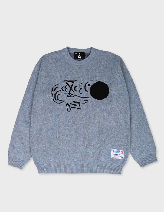 ALAND FISH LOGO JACQUARD KNIT PULLOVER DUST BLUE