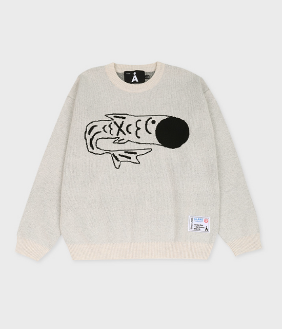 ALAND FISH LOGO JACQUARD KNIT PULLOVER CREAM