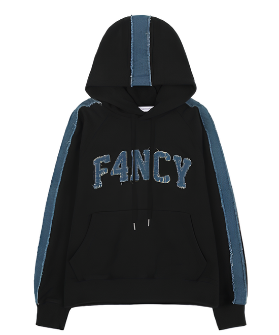 FANCY DENIM PATCH HOODIE BLACK