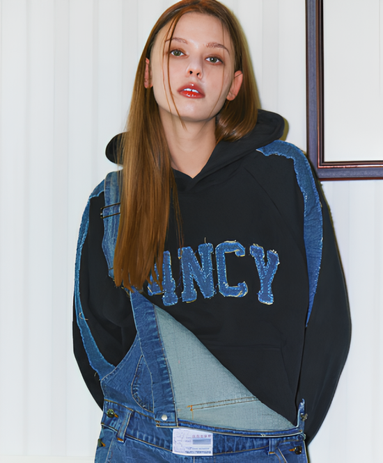 FANCY DENIM PATCH HOODIE BLACK