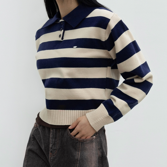 BOLD STRIPE COLLAR KNIT NAVY