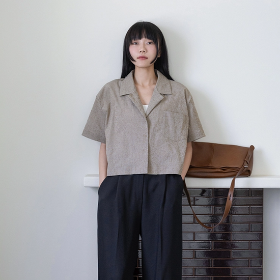 POCKET OPEN COLLAR SHIRT BROWN