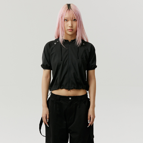 FLOWER EYELET HOOD JACKET BLACK