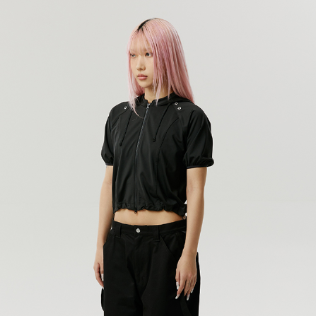 FLOWER EYELET HOOD JACKET BLACK