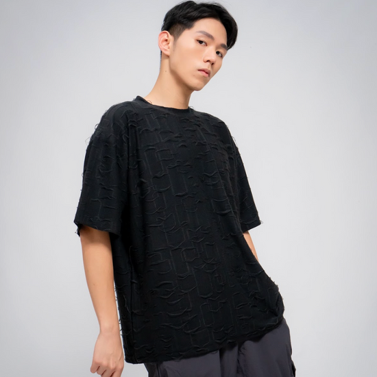 MEN'S FRAYED TEXTURE T-SHIRT BLACK