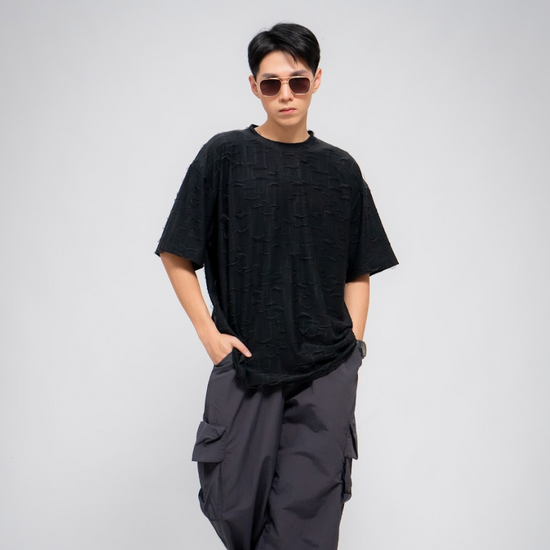 MEN'S FRAYED TEXTURE T-SHIRT BLACK