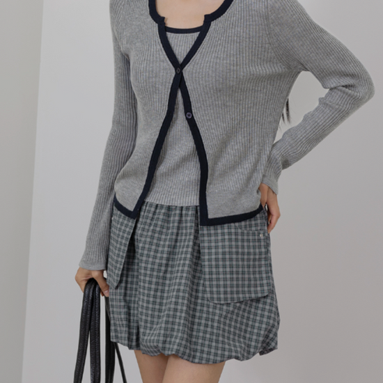 OUT-POCKET CHECK BALLOON MINI SKIRT NAVY