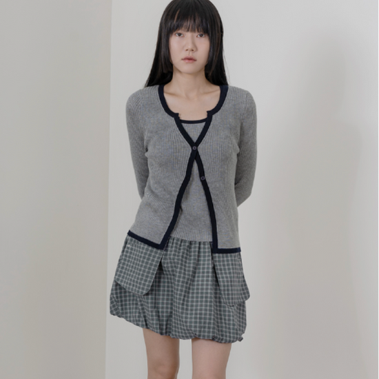 OUT-POCKET CHECK BALLOON MINI SKIRT NAVY