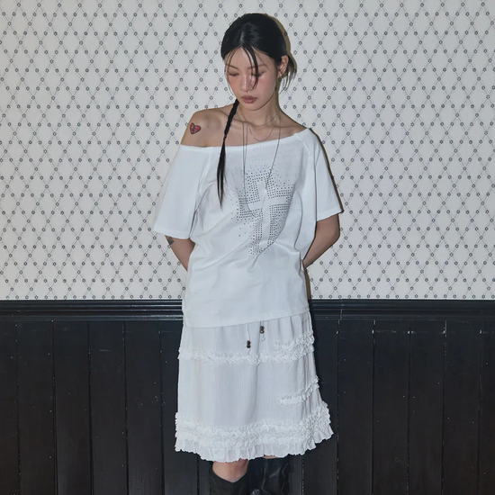 DIVINE CROSS ONE-SHOULDER TEE WHITE