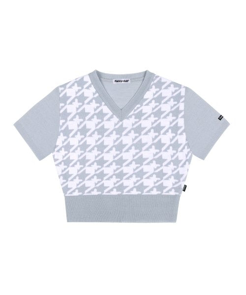 HOUND TOOTH CHECK CROP KNIT TEE  SKY BLUE