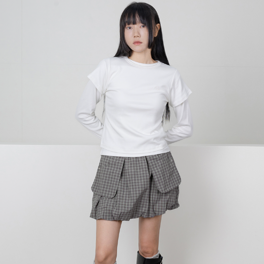 OUT-POCKET CHECK BALLOON MINI SKIRT CHARCOAL