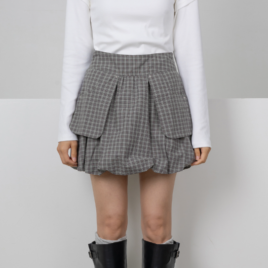 OUT-POCKET CHECK BALLOON MINI SKIRT CHARCOAL