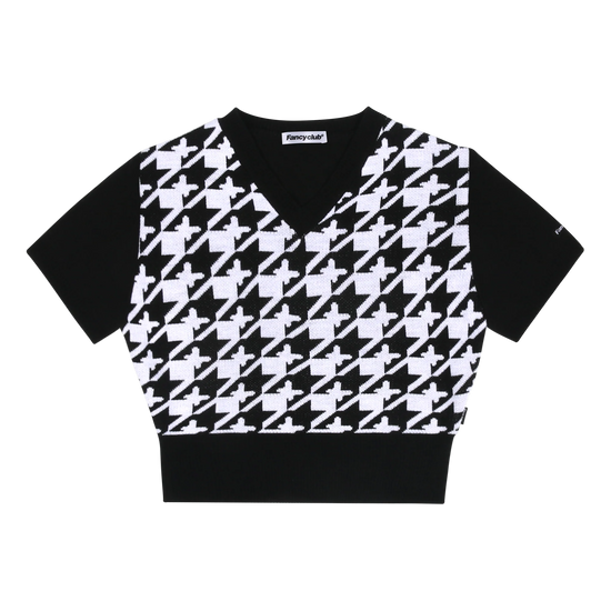 HOUND TOOTH CHECK CROP KNIT TEE  BLACK