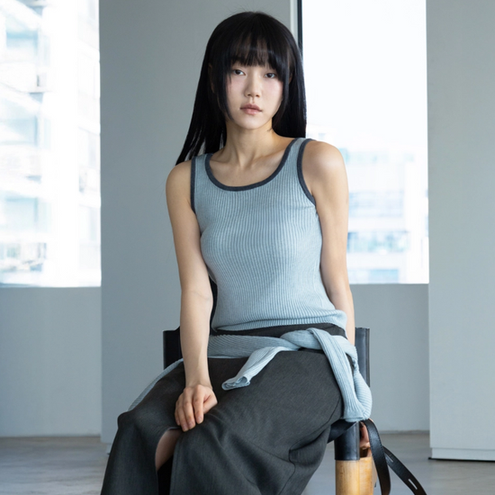 CONTRAST TRIM KNIT CARDIGAN SET LIGHT BLUE