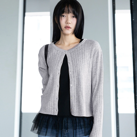 HEART BUTTON WOOL CARDIGAN MELANGE GREY