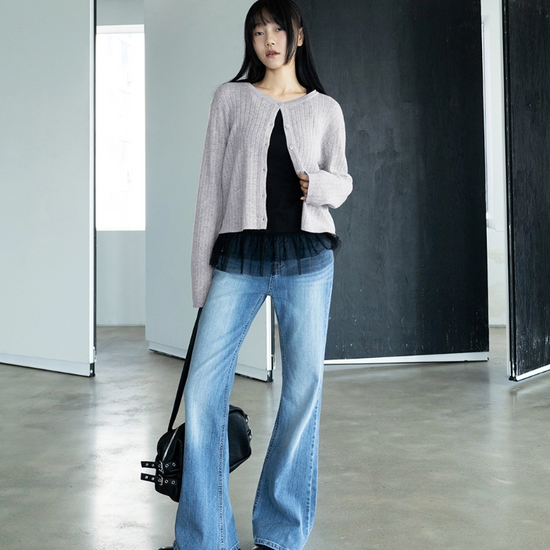 HEART BUTTON WOOL CARDIGAN MELANGE GREY