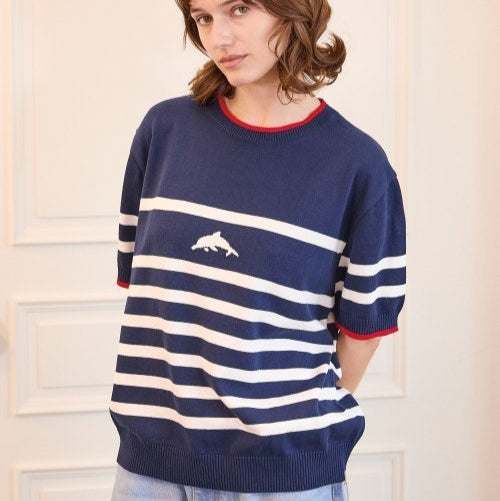 DOLPHIN STRIPE HALF SLEEVE KNIT NAVY