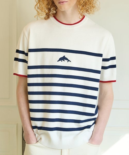 BUY WAI KEI Knit DOLPHIN STRIPE HALF SLEEVE KNIT IVORY
