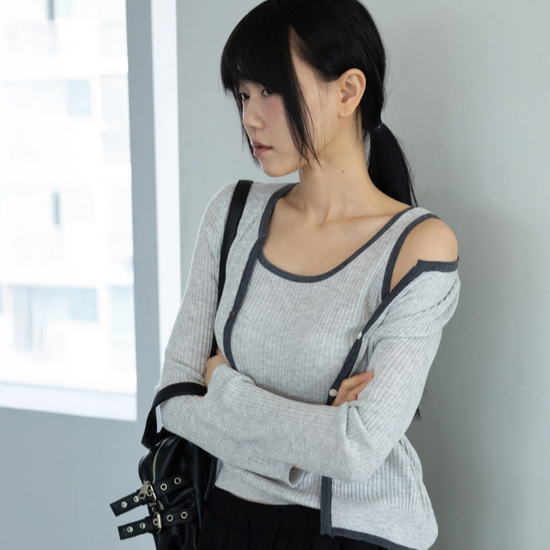 CONTRAST TRIM KNIT CARDIGAN SET GREY