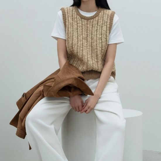 WOOL FAIR ISLE KNIT VEST BROWN