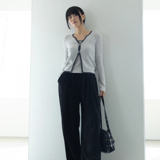 CONTRAST TRIM KNIT CARDIGAN SET GREY
